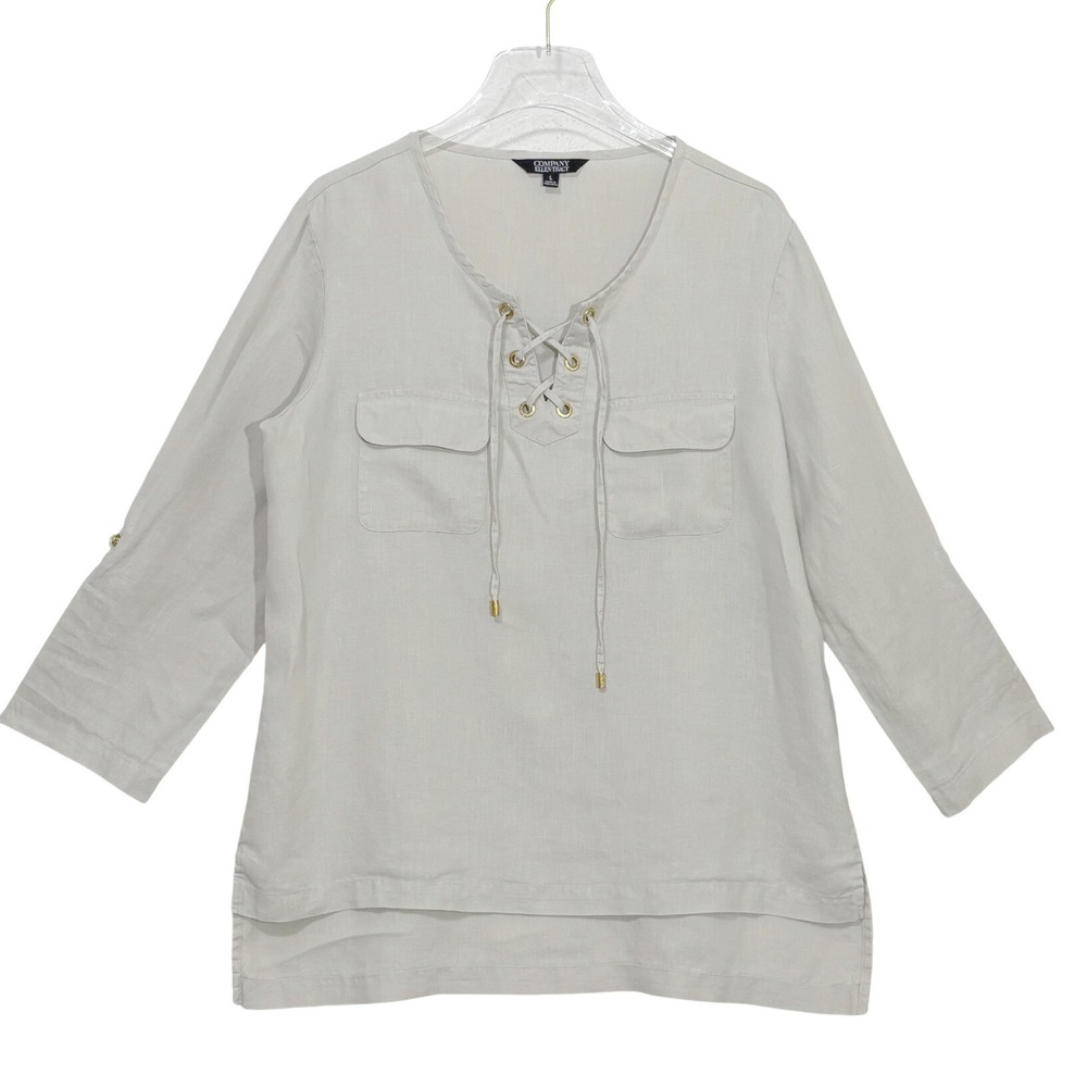 Company Ellen Tracy - Size L 100% Linen Lace Up Tunic Top Beige Roll Tab Sleeves